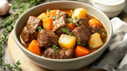 A rich, hearty beef stew served in a deep bowl, with carrots, potatoes, and herbs.