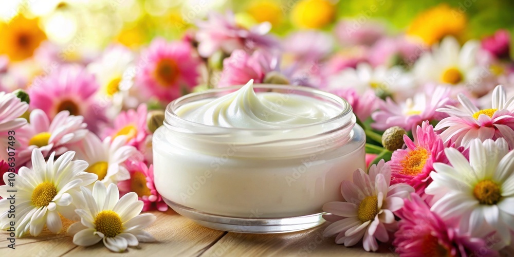 Face cream moisturiser with flowers background, perfect for a spa-themed organic beauty skincare routine Face cream moisturiser with flowers background, perfect for a spa-themed organic beauty skincare routine