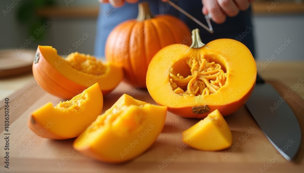 Freshly cut pumpkin halves on a wooden board Freshly cut pumpkin halves on a wooden board