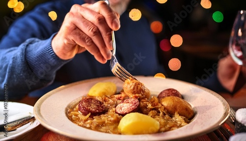 Faceless man eat Choucroute in restaurant with bokeh background. France Food.