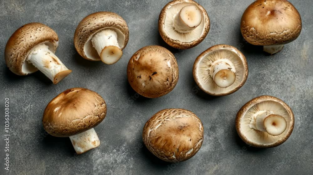 Eight brown mushrooms lay on a gray surface Eight brown mushrooms lay on a gray surface