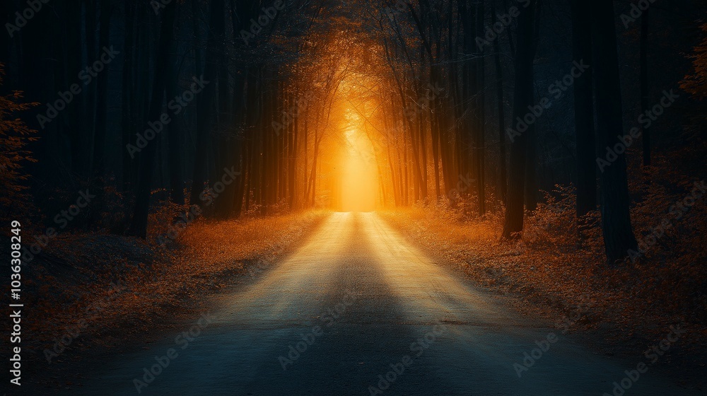 A Bright Pathway Through a Dark Forest Scene A Bright Pathway Through a Dark Forest Scene