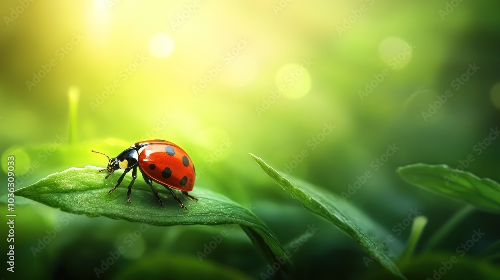 A ladybug rests on a green leaf, illuminated by soft sunlight in a serene environment. A ladybug rests on a green leaf, illuminated by soft sunlight in a serene environment.