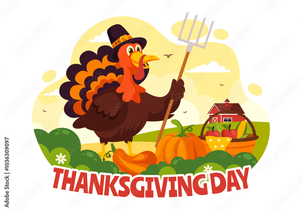 Naklejka premium Happy Thanksgiving Day Vector Illustration with Turkey, Pumpkins, Leaves, and Various Other Elements in a Flat Style Cartoon Background