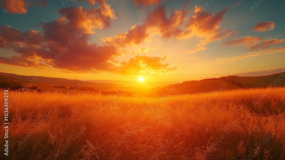 Serene Sunset Over a Golden Meadow in Autumn Serene Sunset Over a Golden Meadow in Autumn