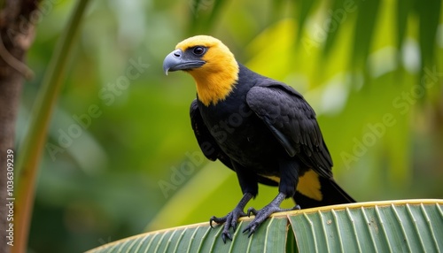  Yellow and black bird perched on a leafy branch