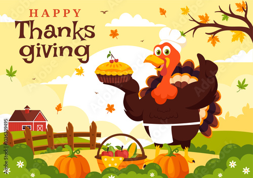 Happy Thanksgiving Day Vector Illustration with Turkey, Pumpkins, Leaves, and Various Other Elements in a Flat Style Cartoon Background