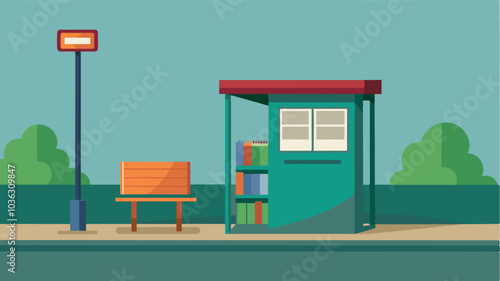 Next to a bus stop a small box houses books for travelers to take on their journey or bring a book of their own to leave for the next person.. Vector illustration