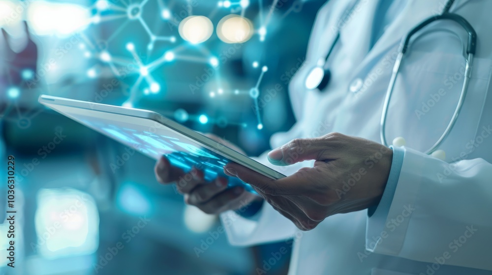 Digital healthcare, doctor consulting through a tablet with medical app Digital healthcare, doctor consulting through a tablet with medical app