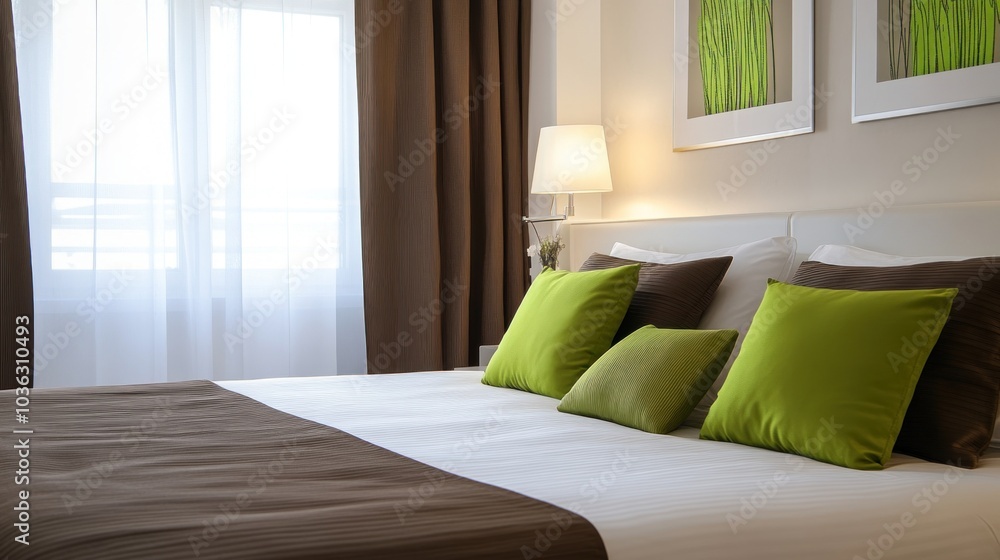 Fototapeta premium A cozy hotel bedroom featuring a bed with green pillows and natural light.