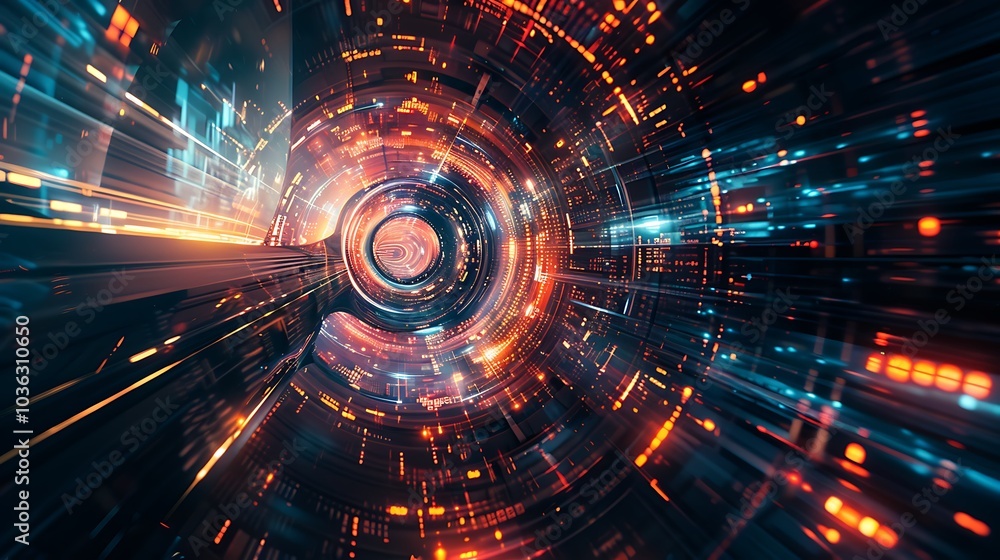 A vibrant, abstract digital tunnel of light and motion, symbolizing speed and technology.