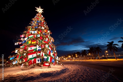 A Christmas tree decorated with flags from around the world, symbolizing global unity and holiday spirit