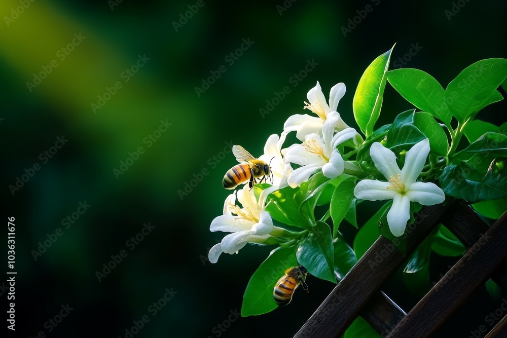 Obraz premium A Honeysuckle vine climbing a garden trellis, its fragrant flowers attracting bees and butterflies in the sunlight
