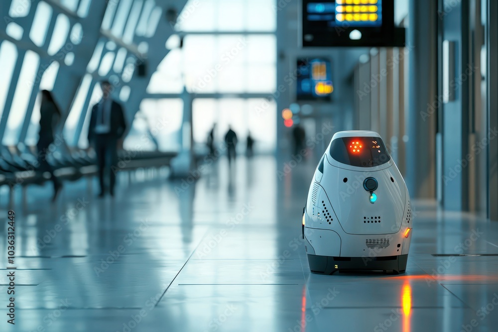 Automated security robot navigates an airport terminal, maintaining order. Automated security robot navigates an airport terminal, maintaining order.