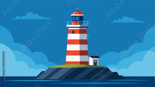 With its bold stripes and sy structure the coastal lighthouse is a sy and reliable guide for ships navigating the treacherous rocky shores.