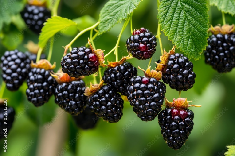 A bush of Rubus Fruticosus (Blackberry) covered with ripe, glossy blackberries, with clusters of berries and green leaves catching the light A bush of Rubus Fruticosus (Blackberry) covered with ripe, glossy blackberries, with clusters of berries and green leaves catching the light