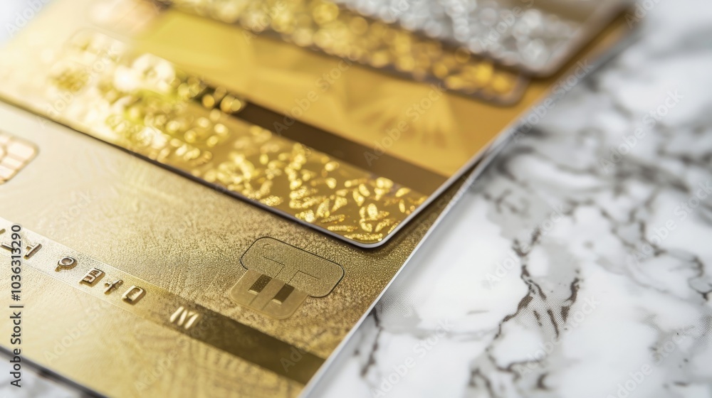 Elegant gold and platinum credit cards fanned out on a luxurious marble surface Elegant gold and platinum credit cards fanned out on a luxurious marble surface