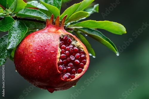 A close-up of Punica Protopunica (Socotran Pomegranate) fruit hanging from its branch, with the rough, textured skin and a glimpse of the seeds inside photo