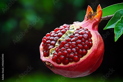 A close-up of Punica Protopunica (Socotran Pomegranate) fruit hanging from its branch, with the rough, textured skin and a glimpse of the seeds inside photo