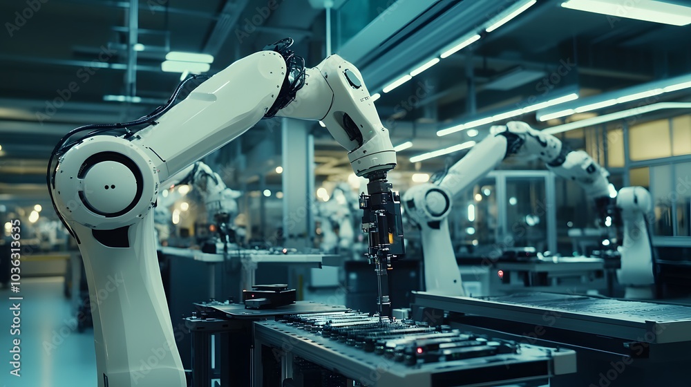 Smart industry robot arms for digital factory production technology showing automation manufacturing process of the Industry 4.0 or 4th industrial revolution and IOT software to control operation. Smart industry robot arms for digital factory production technology showing automation manufacturing process of the Industry 4.0 or 4th industrial revolution and IOT software to control operation.