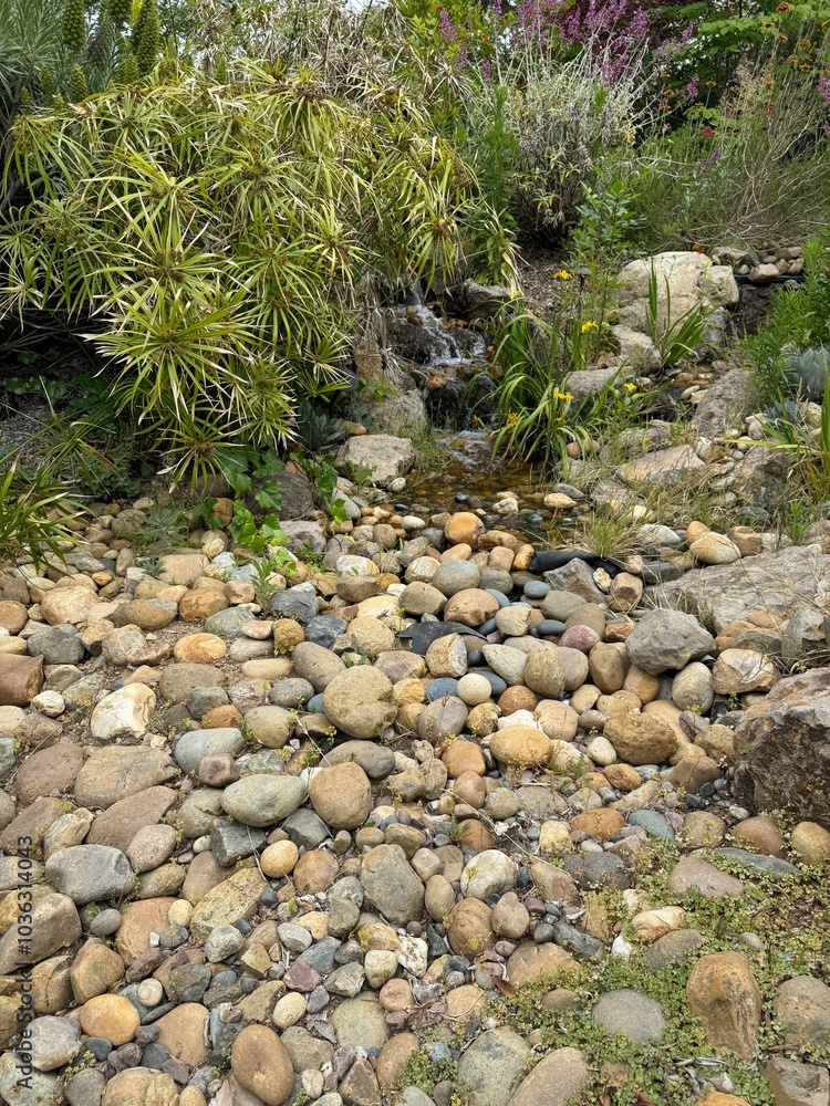 small waterfall and stream over stones, rocks, and pebbles in the garden with ferns, plants, and moss small waterfall and stream over stones, rocks, and pebbles in the garden with ferns, plants, and moss