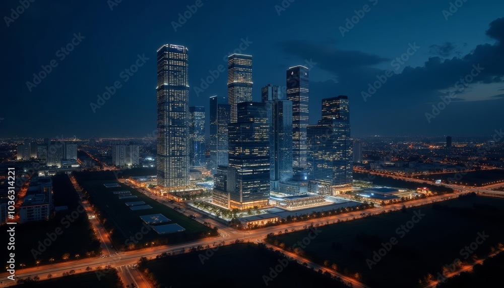 Obraz premium Modern cityscape at night illuminated skyscrapers and urban lights