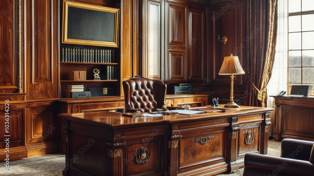 A luxurious wooden office with a large desk, bookshelves, and a window view. A luxurious wooden office with a large desk, bookshelves, and a window view.