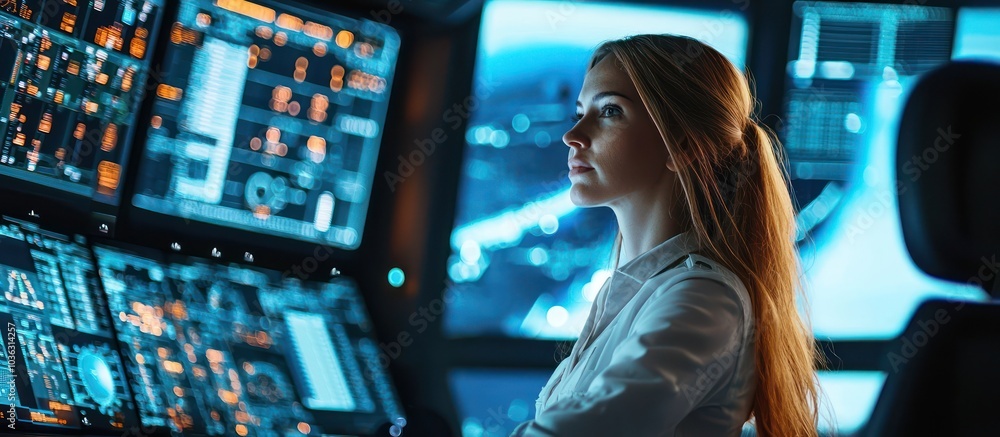 Female controller managing air traffic with digital technology in a tower. Female controller managing air traffic with digital technology in a tower.