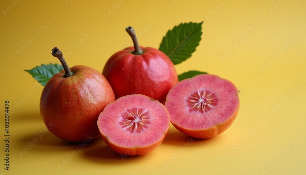 Deliciously fresh pomegranate slices on a vibrant yellow background Deliciously fresh pomegranate slices on a vibrant yellow background
