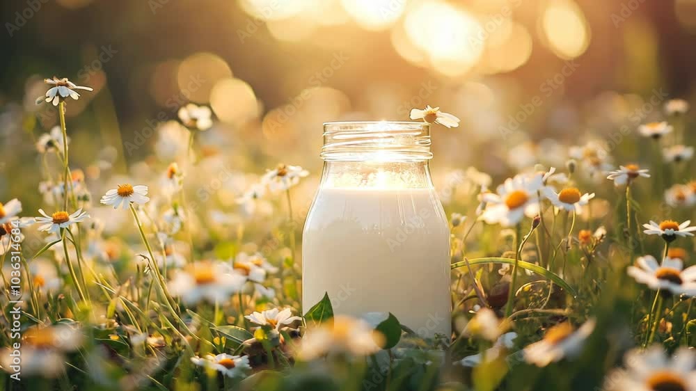 A glass jar filled with milk sits in a field of daisies on a sunny day A glass jar filled with milk sits in a field of daisies on a sunny day