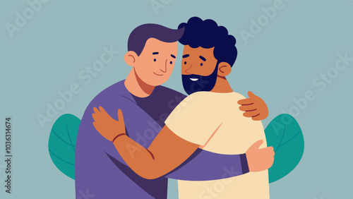 Two men sharing a heartfelt hug after one of them shares a personal struggle with body image and receives words of encouragement from the group.. Vector illustration