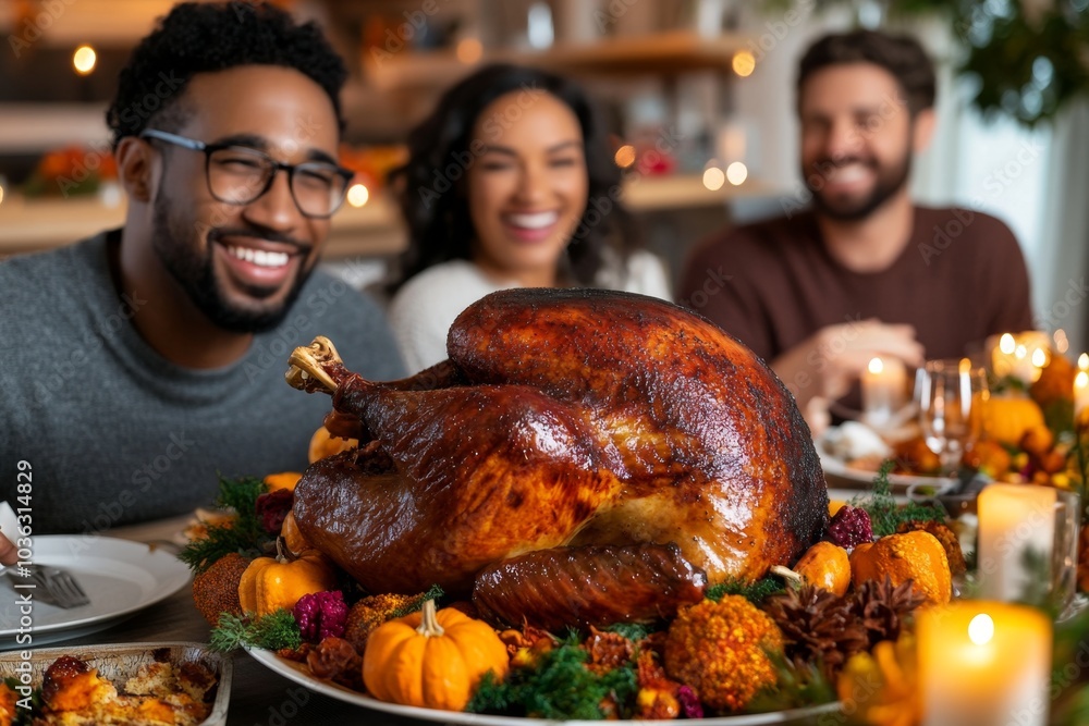 A group of friends and family sharing gratitude over a Thanksgiving meal, with candles and soft lighting creating a warm, intimate atmosphere A group of friends and family sharing gratitude over a Thanksgiving meal, with candles and soft lighting creating a warm, intimate atmosphere