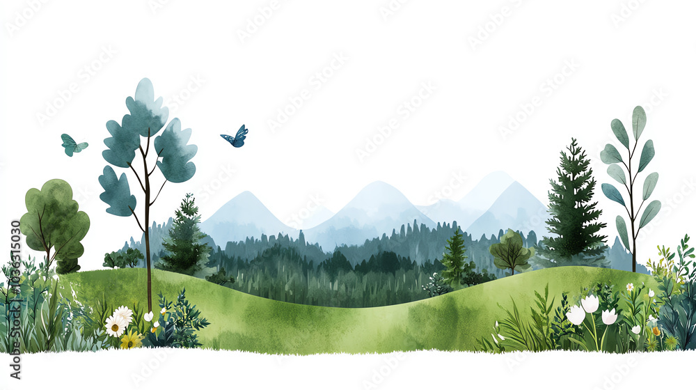Fototapeta premium A serene landscape of lush greenery and majestic mountains under a clear sky with gentle butterflies