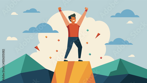 Standing at the top of a rock climbing wall a man triumphantly raises his arms in victory after successfully conquering a challenging route.. Vector illustration