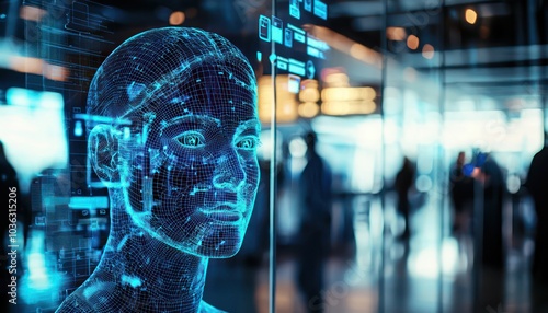 Facial biometric security systems in use at an airport checkpoint, emphasizing advanced identification.
