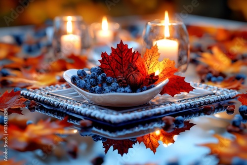 A hyper-detailed depiction of a Thanksgiving table setting, with every candle flame, flower petal, and dish rendered in exquisite detail photo