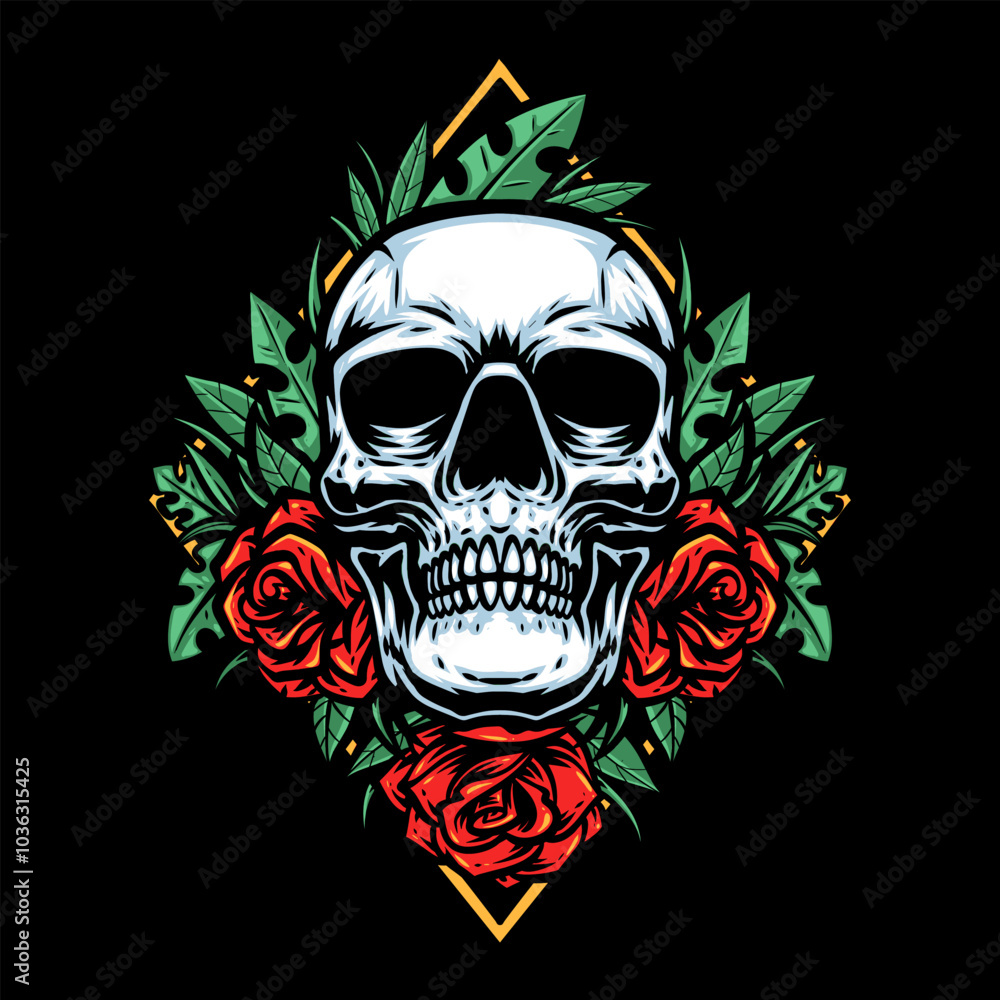 skull with roses and leaf floral illustration skull with roses and leaf floral illustration