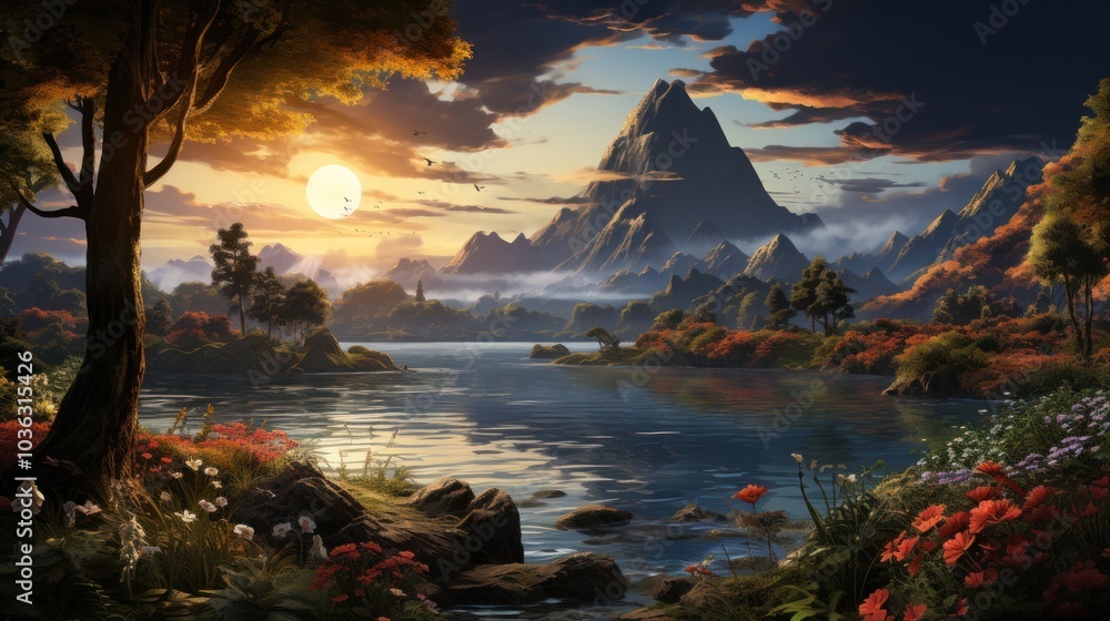 Obraz premium Tranquil Mountain Lake at Sunset