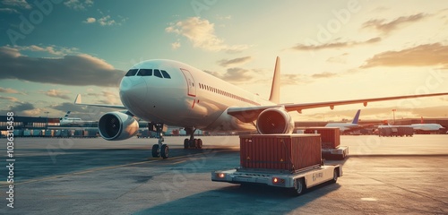 Containers being loaded onto an airplane on the tarmac, highlighting logistics.