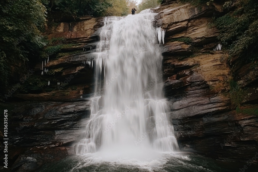 Fototapeta premium Explore the thrills of winter adventures in the majestic mountains a journey through snowy peaks and frozen waterfalls