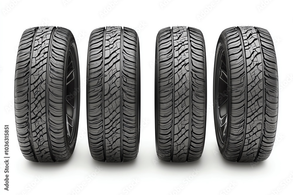 Four car tires arranged in a row, showcasing tread patterns, on a white isolated background. Four car tires arranged in a row, showcasing tread patterns, on a white isolated background.