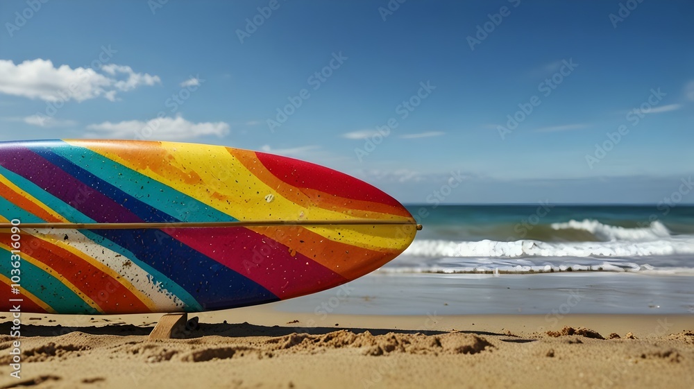 Surfboard in Sand with Ocean Waves in Background Surfboard in Sand with Ocean Waves in Background