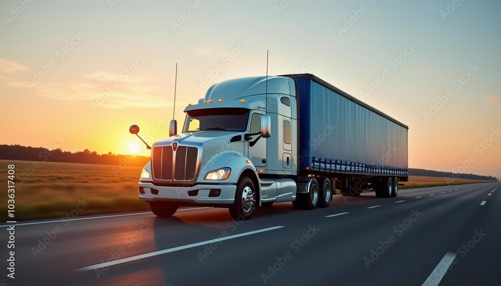 Highway sunset with a large truck Highway sunset with a large truck