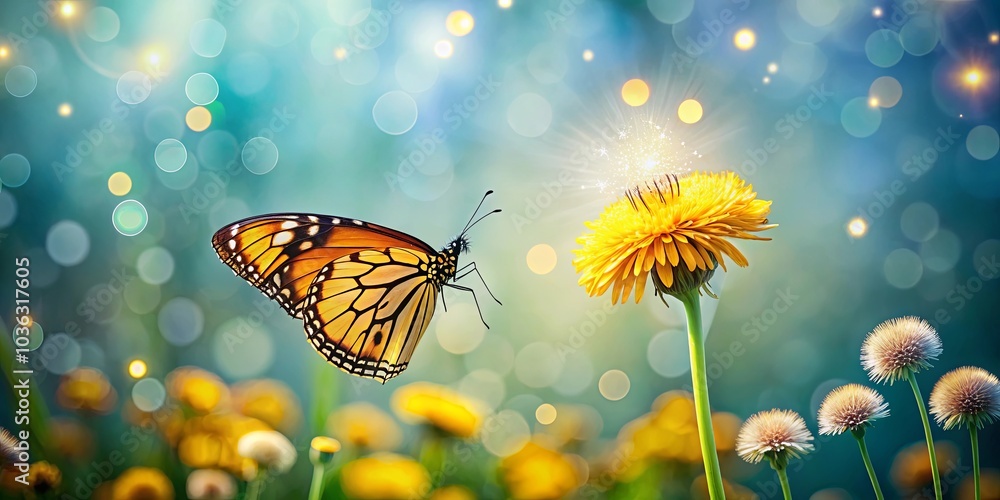 A majestic butterfly with patterned wings approaches a radiant dandelion with a sparkling core, surrounded by a soft and dreamy background of blurred flowers and bokeh lights. A majestic butterfly with patterned wings approaches a radiant dandelion with a sparkling core, surrounded by a soft and dreamy background of blurred flowers and bokeh lights.