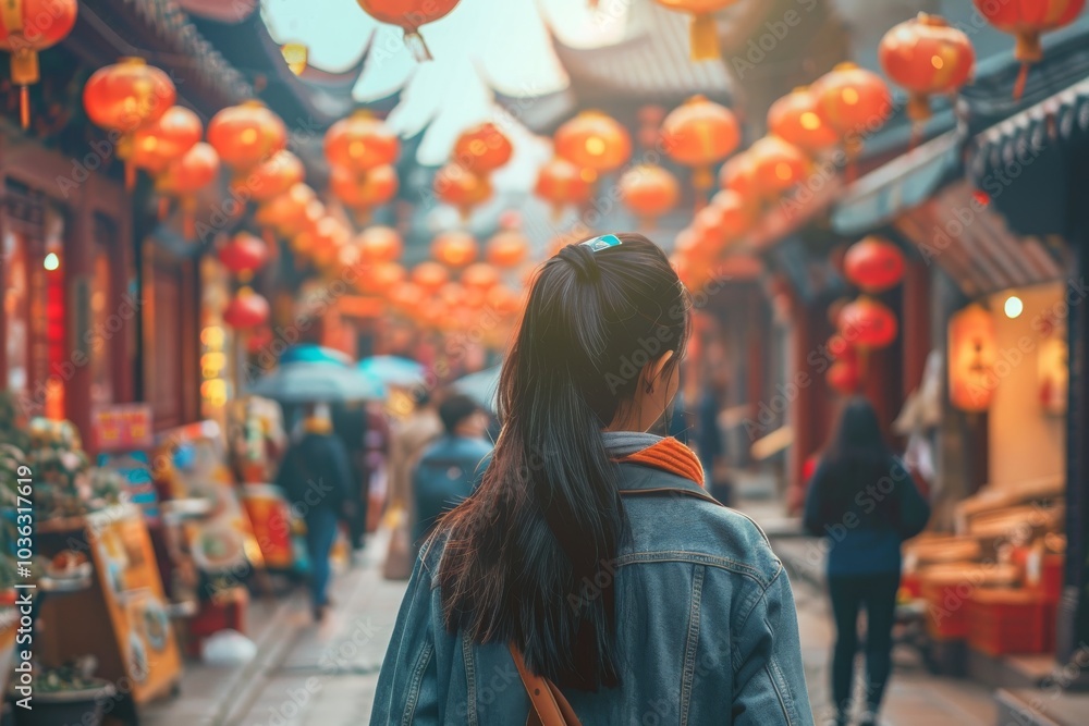 Asian women travel lifestyle, China food market street in Beijing. Chinese tourists walking in city streets on Asia vacation tourism, panoramic banner. MZ