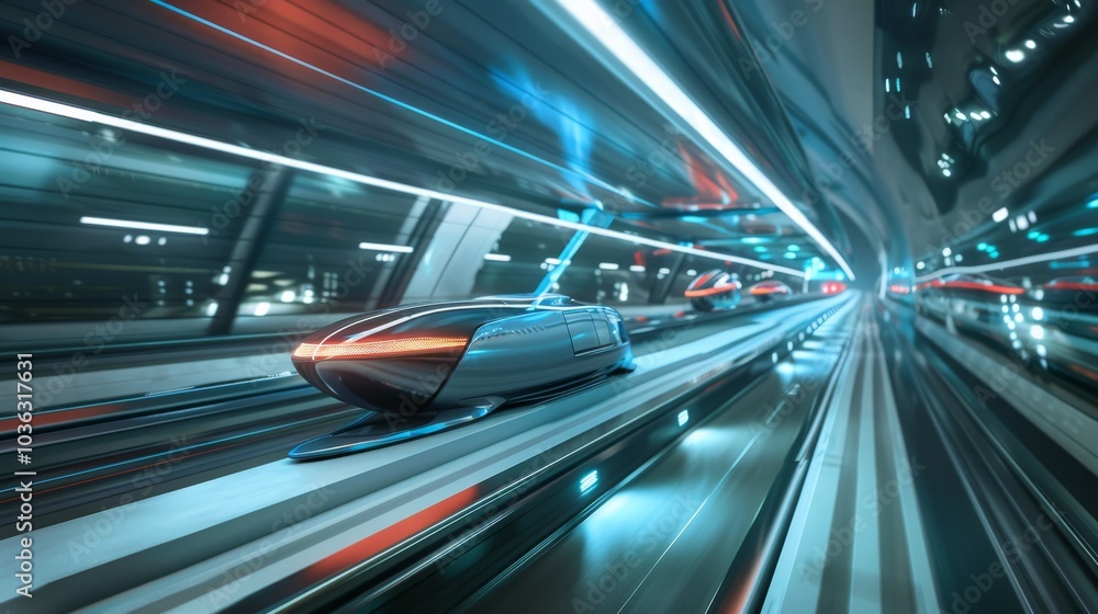 A futuristic hyperloop pod speeding through an underground tunnel in a futuristic cityscape, Urban setting with advanced infrastructure and digital displays, Photo of A futuristic hyperloop pod speeding through an underground tunnel in a futuristic cityscape, Urban setting with advanced infrastructure and digital displays, Photo of