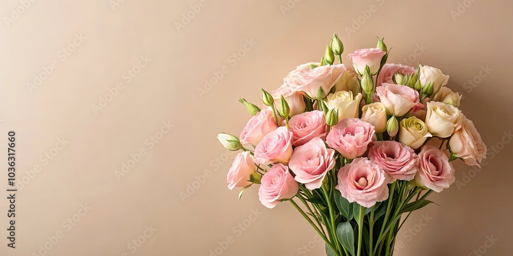 A bouquet of pink and cream roses with delicate green buds, nestled against a soft, sandy backdrop, creating a harmonious interplay of colors and textures. A bouquet of pink and cream roses with delicate green buds, nestled against a soft, sandy backdrop, creating a harmonious interplay of colors and textures.