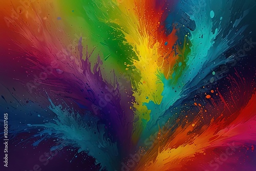 Vibrant abstract design with colorful splashes and fluid shapes.