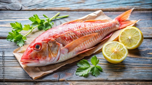 Freshly Caught Red Fish on Wooden Surface with Lemon and Parsley