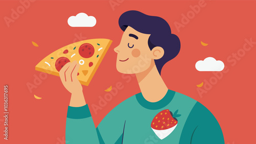 With each bite of the cheesy pizza the man felt a sense of freedom from his usual food guilt reveling in the diverse mix of flavors and textures.. Vector illustration